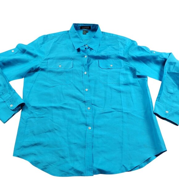 LAUREN Ralph Lauren Shirt Womens Medium Blue Silk Button Up Long Sleeve Stains - Picture 1 of 11